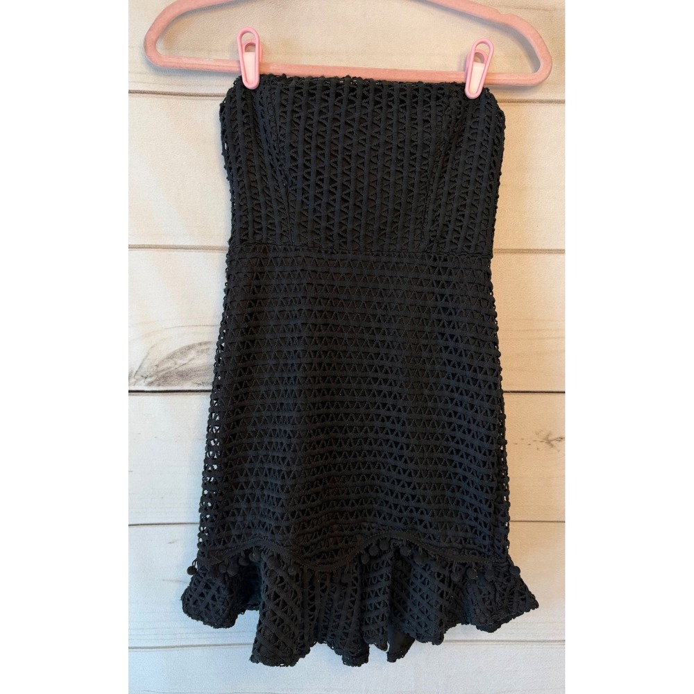 Hello Molly Black Crochet Lace Strapless Pom Pom High Low Mini Dress US 4 S